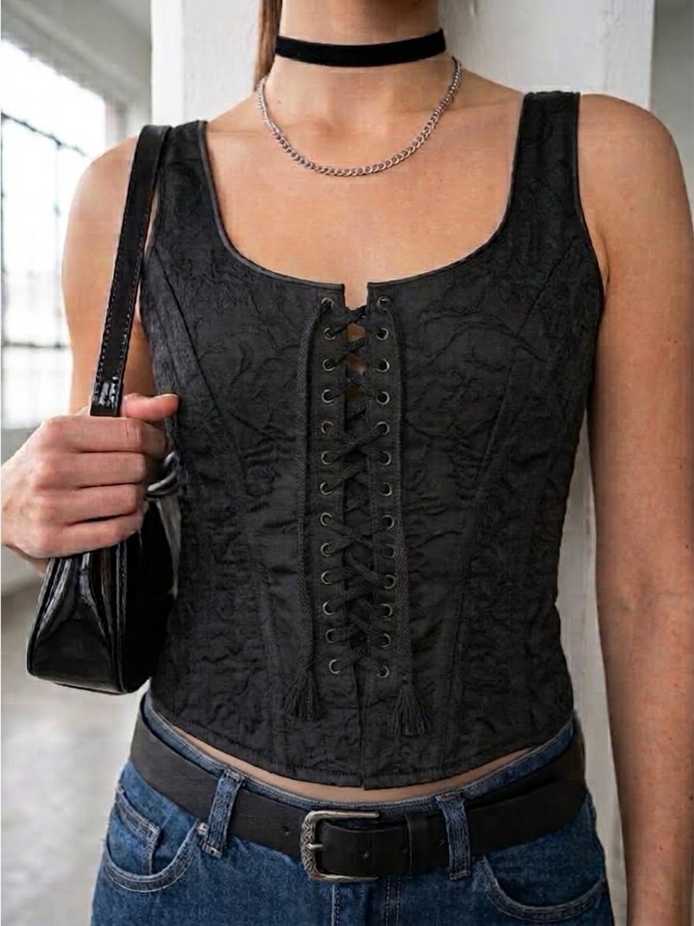 Vintage 90s Gigi Clark Black Brocade Leather Trim Lace Up Corset - Medium
